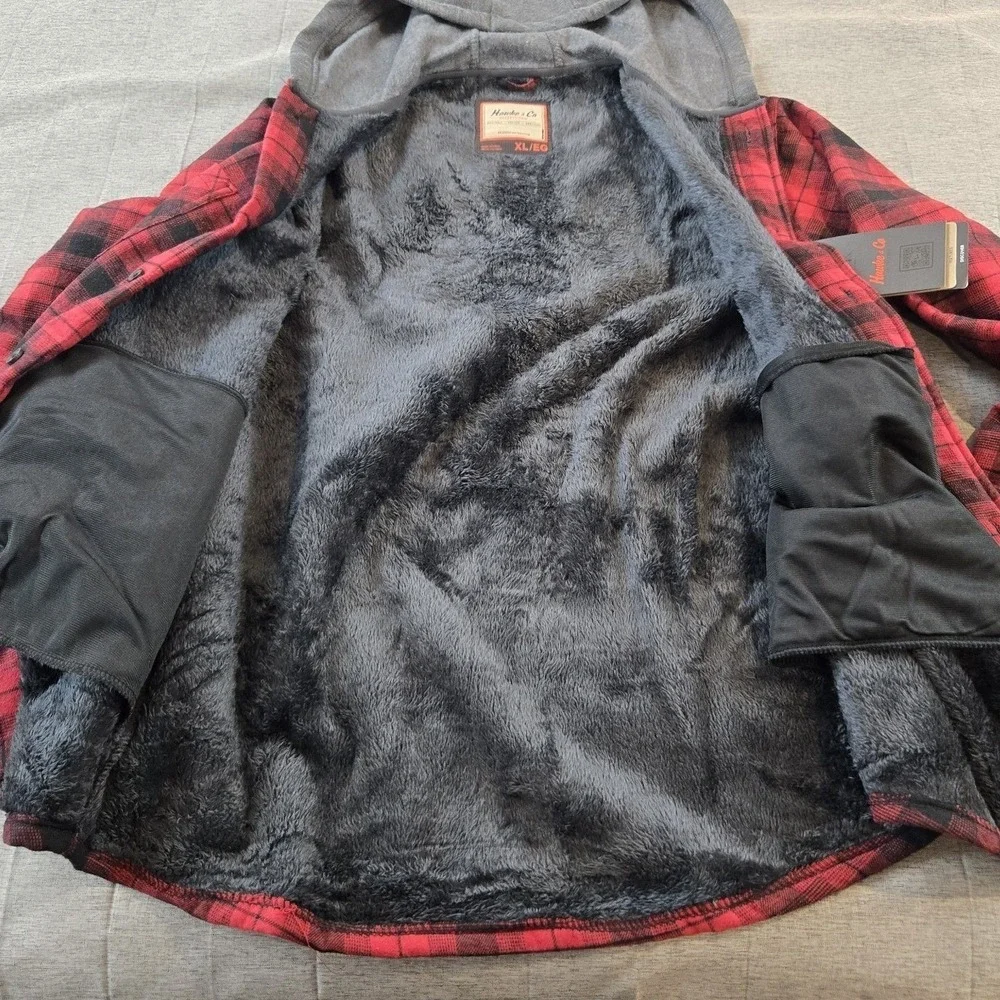 Hawke And Co. Men's Fleece Lined Shirt Jacket Black Red Plaid Hood Pockets XL - Picture 4 of 11